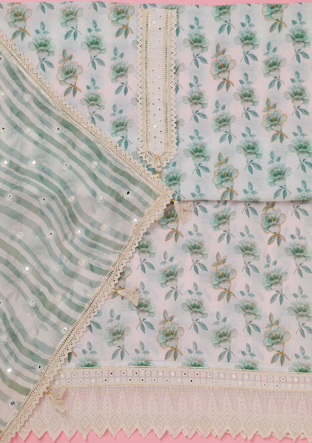 Sea Green Threadwork Cotton Unstitched Salwar Suit-koskii