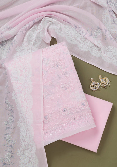 Baby Pink Threadwork Cotton Unstitched Salwar Suit-koskii