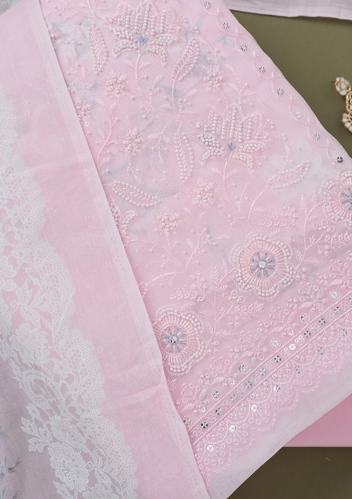 Baby Pink Threadwork Cotton Unstitched Salwar Suit-koskii