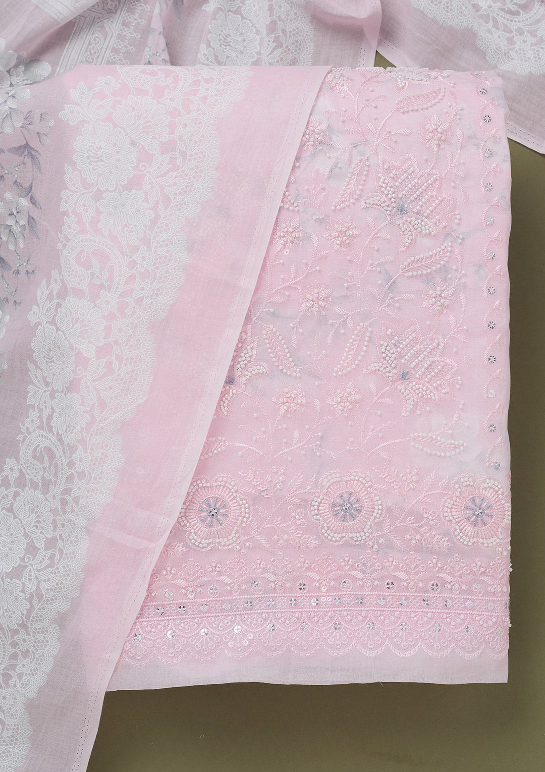Baby Pink Threadwork Cotton Unstitched Salwar Suit-koskii