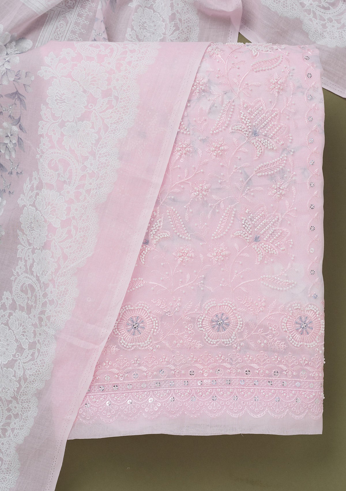 Baby Pink Threadwork Cotton Unstitched Salwar Suit-koskii