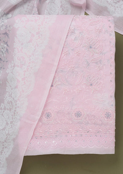 Baby Pink Threadwork Cotton Unstitched Salwar Suit-koskii