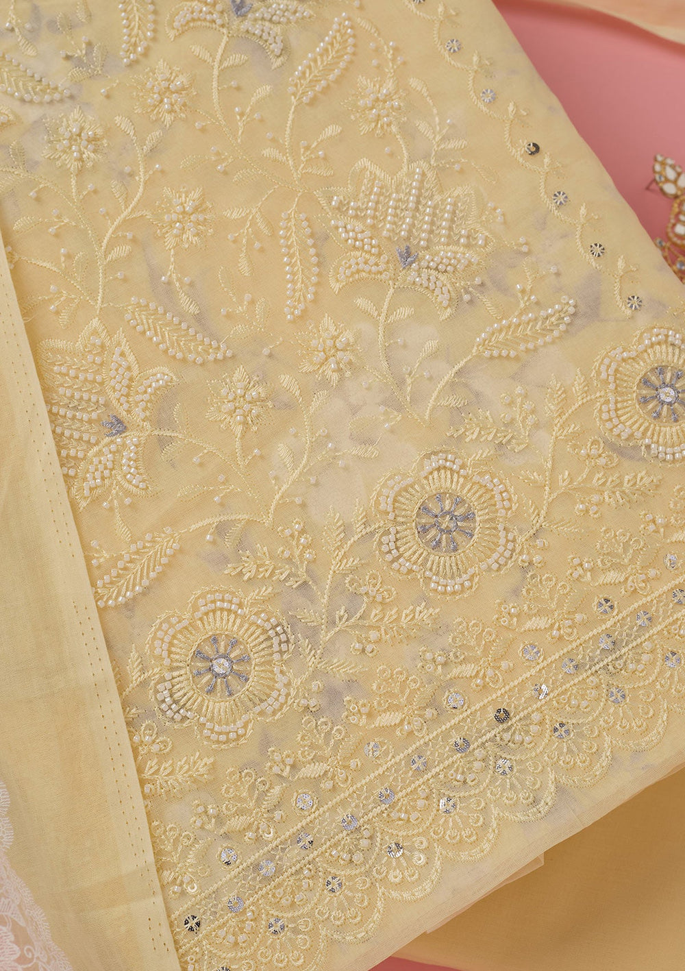 Lemon Yellow Threadwork Cotton Unstitched Salwar Suit-koskii