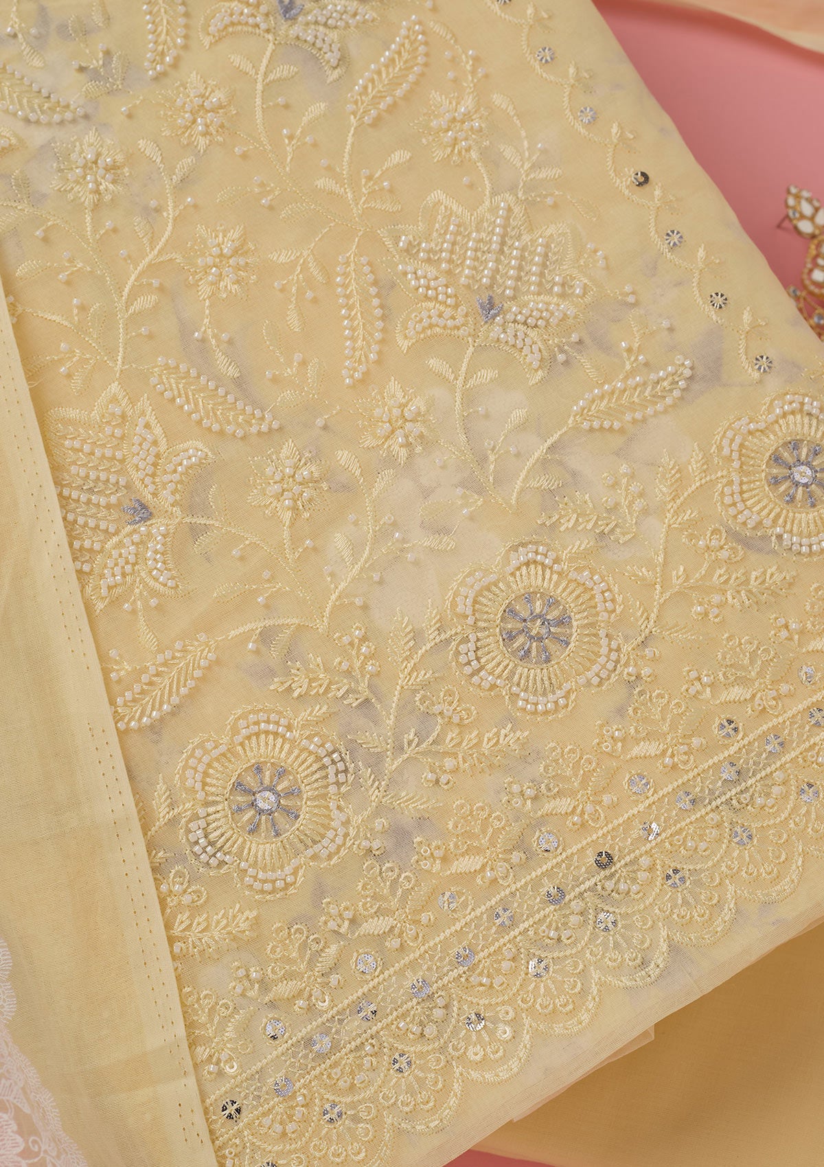 Lemon Yellow Threadwork Cotton Unstitched Salwar Suit-koskii