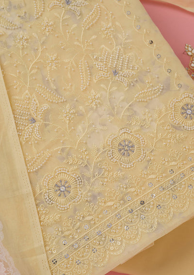 Lemon Yellow Threadwork Cotton Unstitched Salwar Suit-koskii