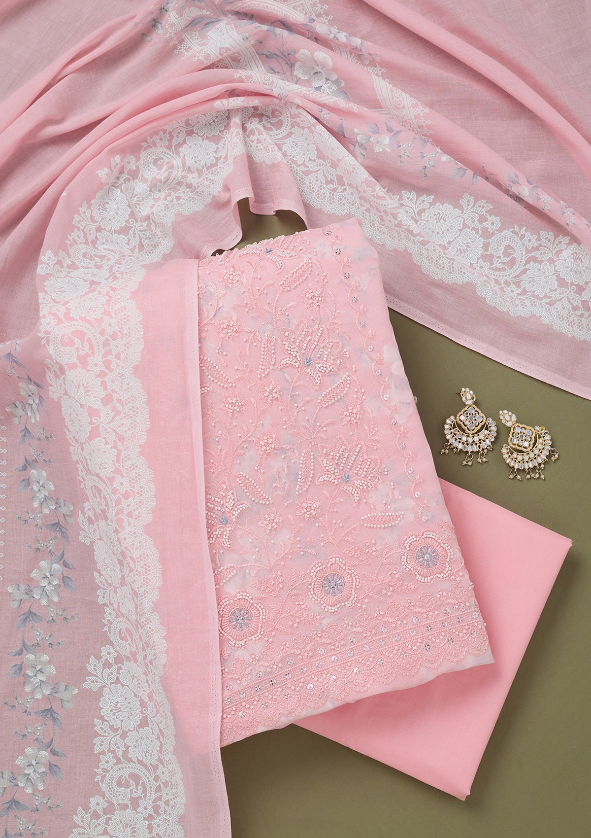 Pink Threadwork Cotton Unstitched Salwar Suit-koskii