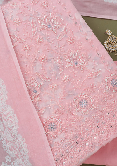 Pink Threadwork Cotton Unstitched Salwar Suit-koskii