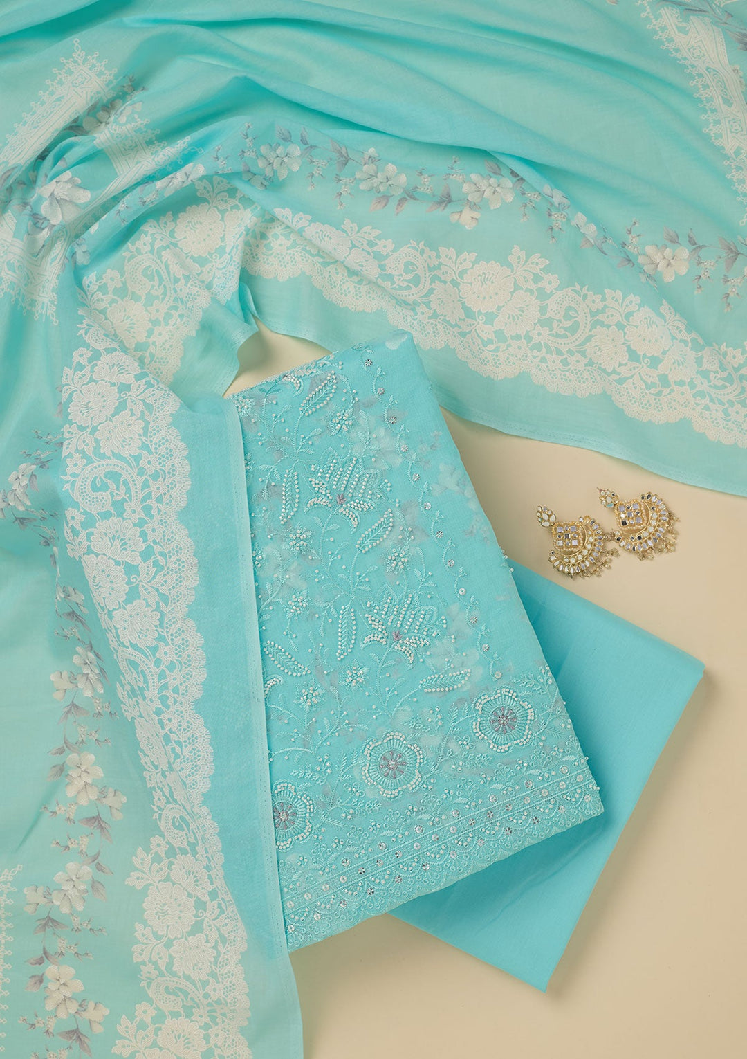 Sky Blue Threadwork Cotton Unstitched Salwar Suit-koskii
