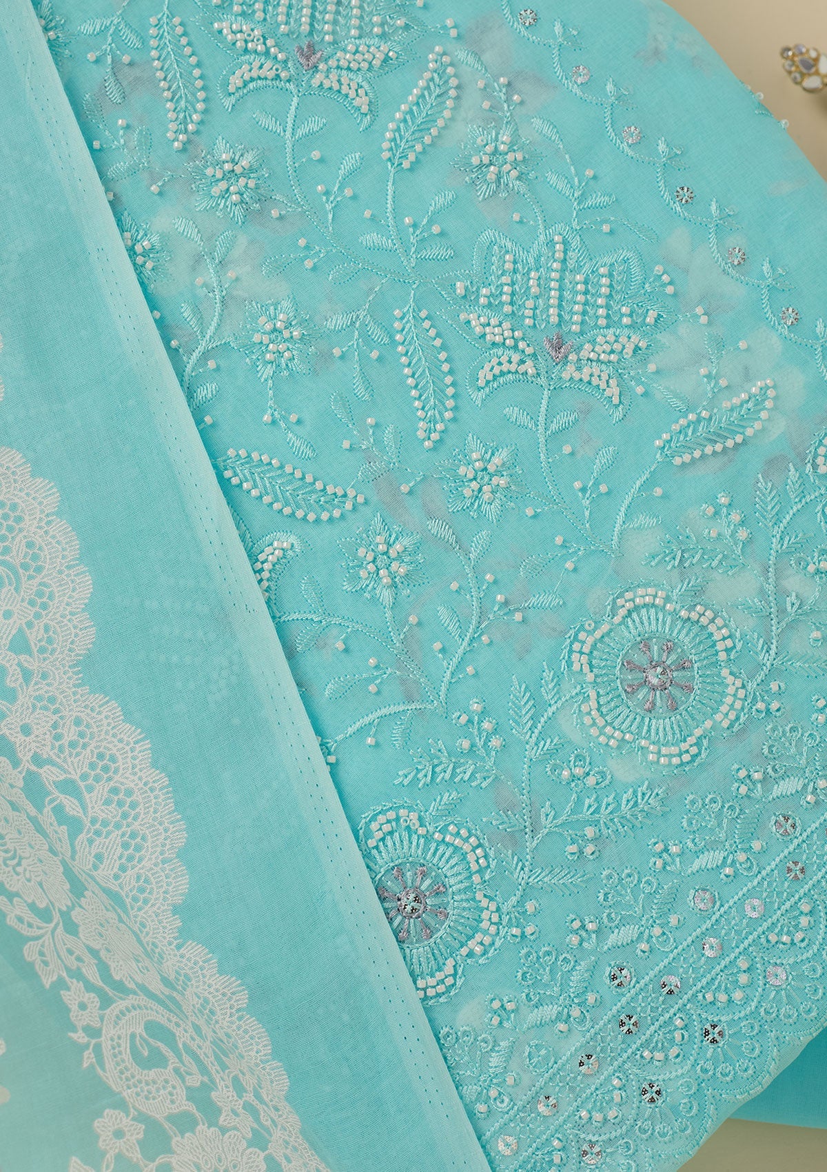 Sky Blue Threadwork Cotton Unstitched Salwar Suit-koskii