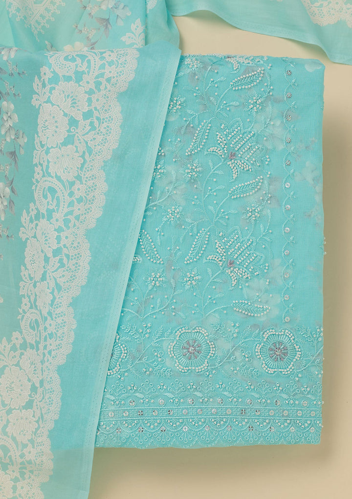 Sky Blue Threadwork Cotton Unstitched Salwar Suit-koskii