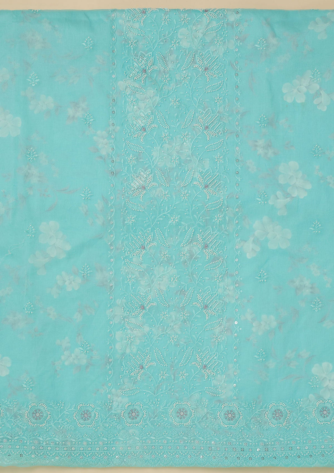 Sky Blue Threadwork Cotton Unstitched Salwar Suit-koskii