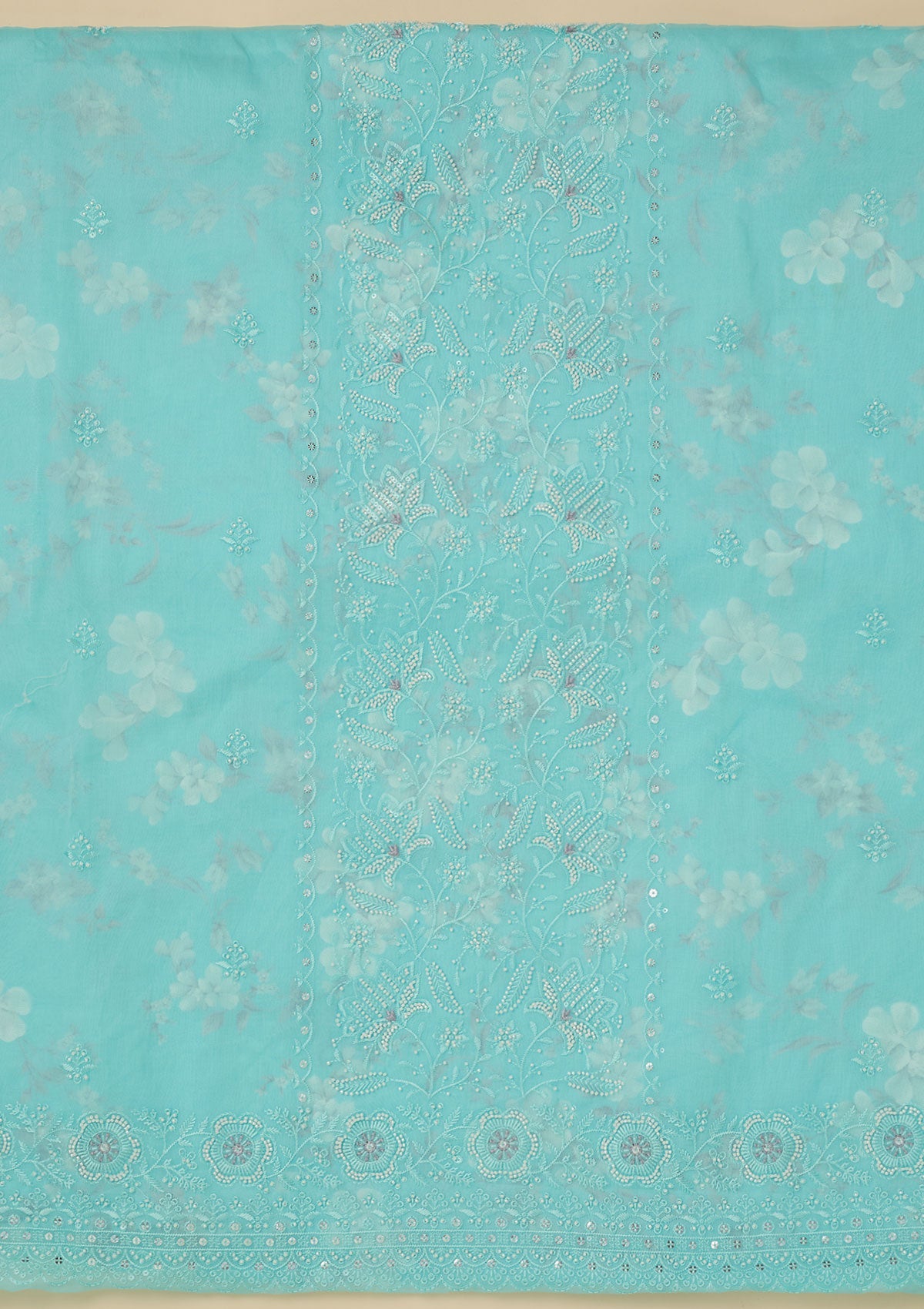 Sky Blue Threadwork Cotton Unstitched Salwar Suit-koskii