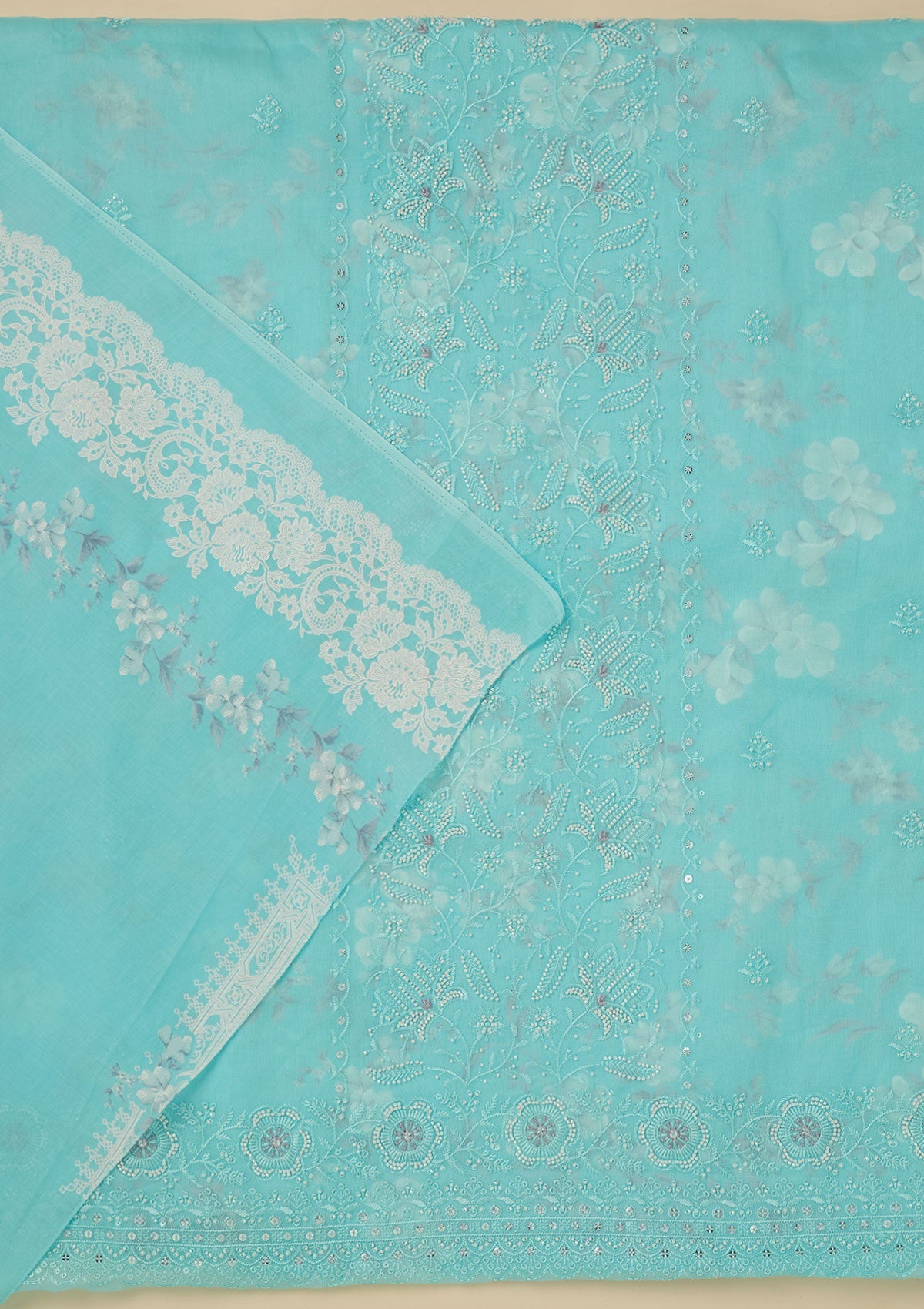 Sky Blue Threadwork Cotton Unstitched Salwar Suit-koskii