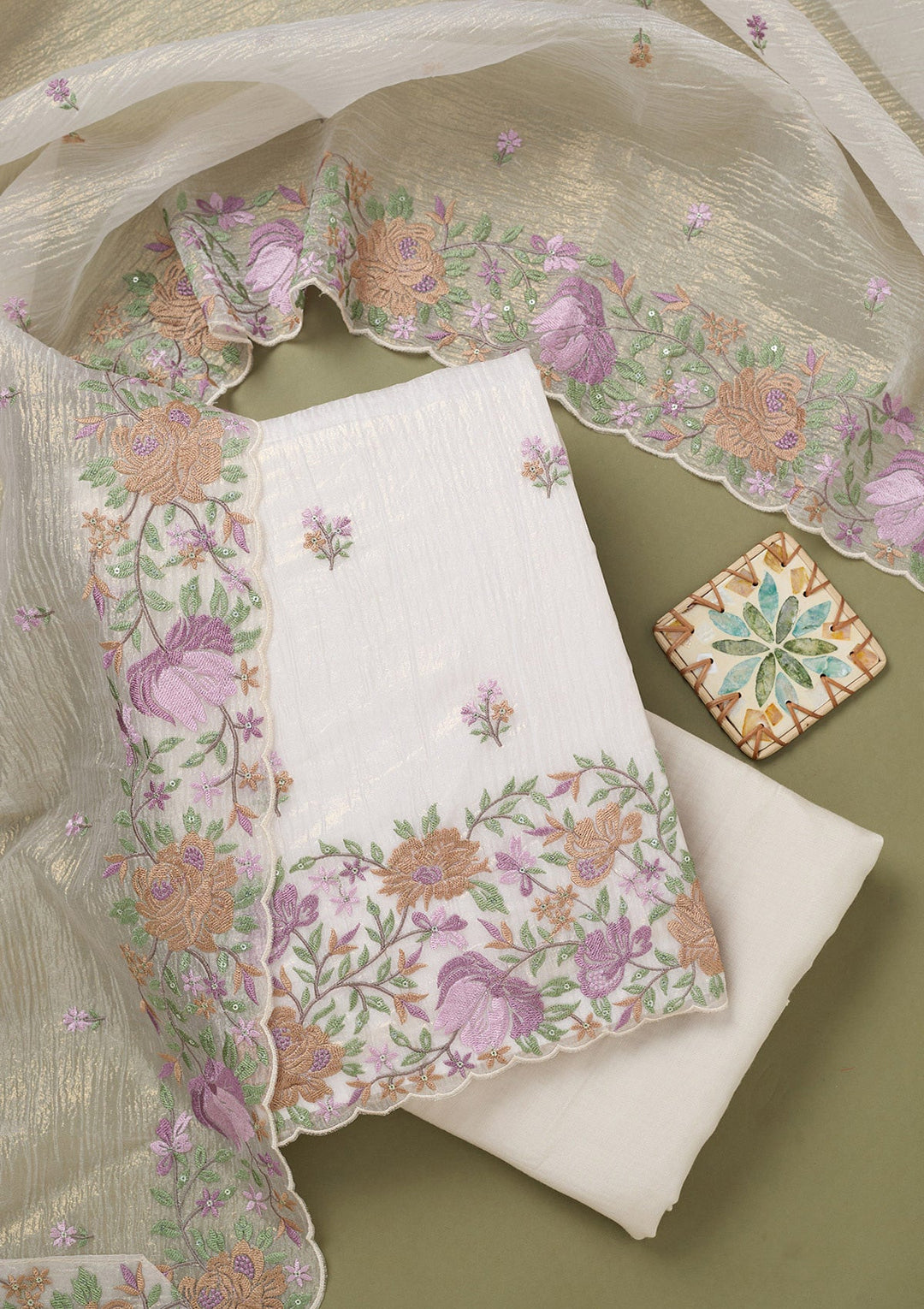 Beige Threadwork Tissue Unstitched Salwar Suit-koskii