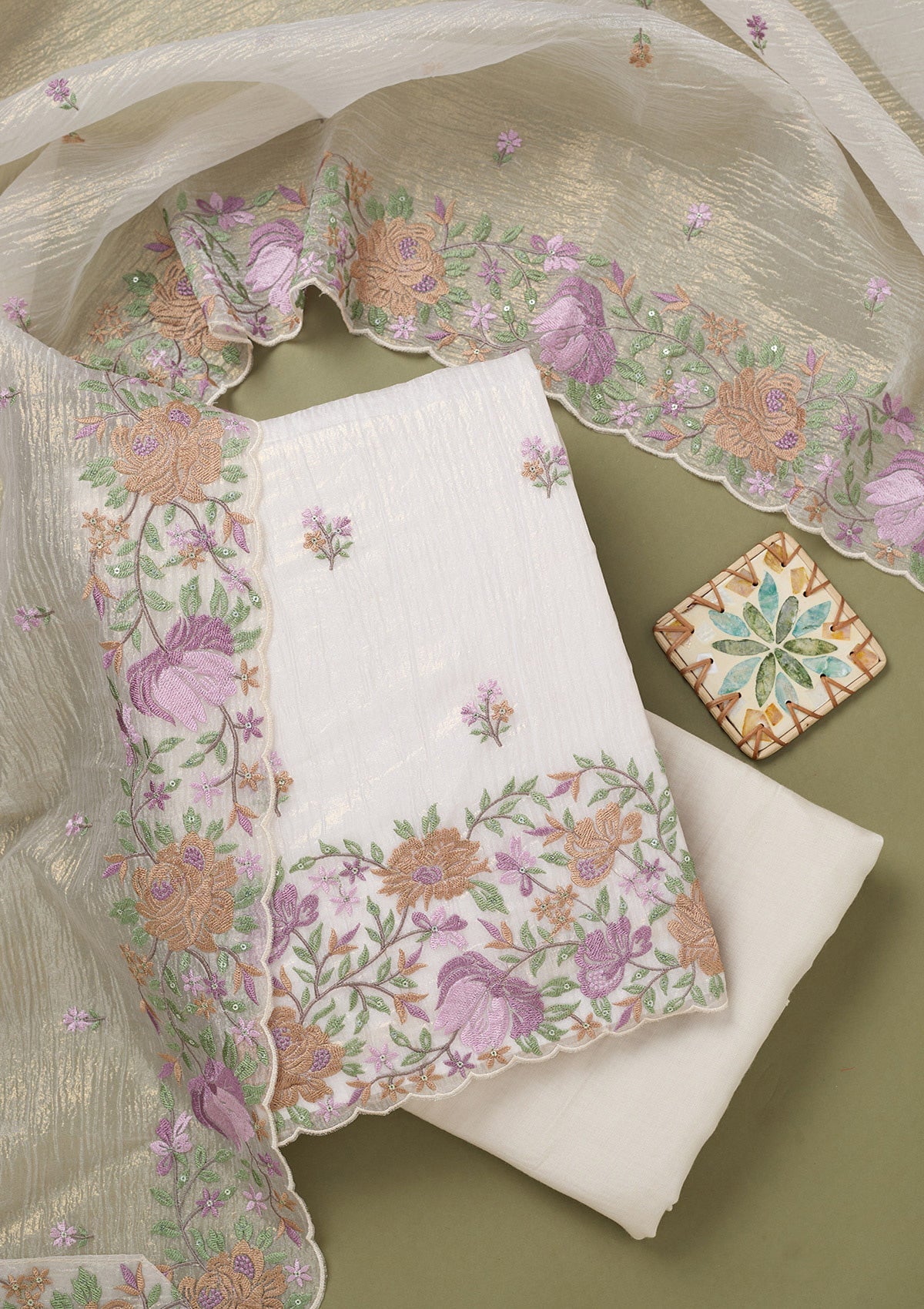 Beige Threadwork Tissue Unstitched Salwar Suit-koskii