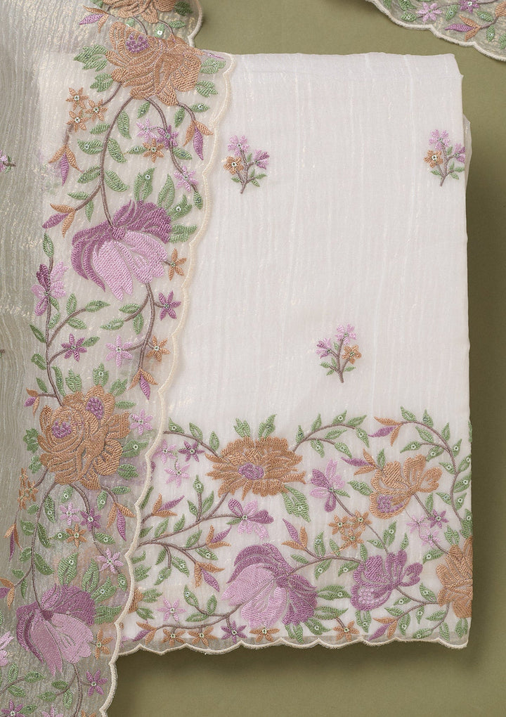 Beige Threadwork Tissue Unstitched Salwar Suit-koskii