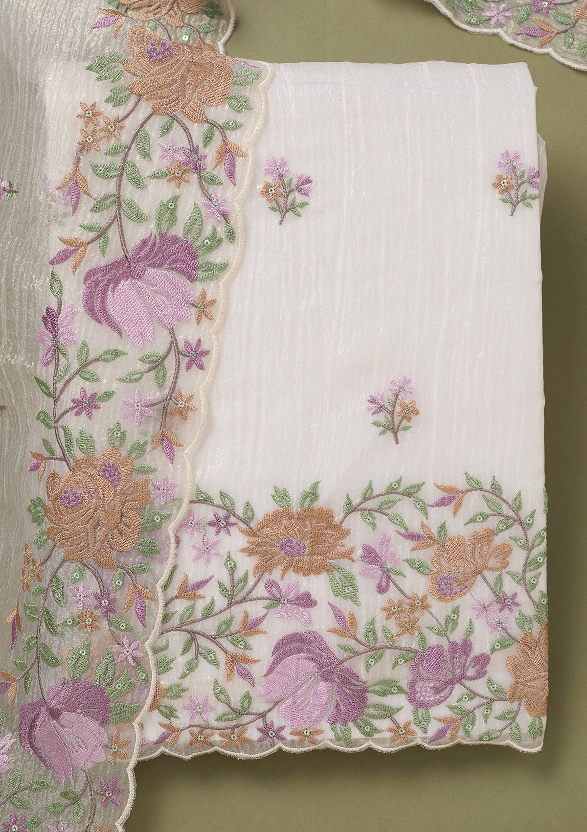 Beige Threadwork Tissue Unstitched Salwar Suit-koskii