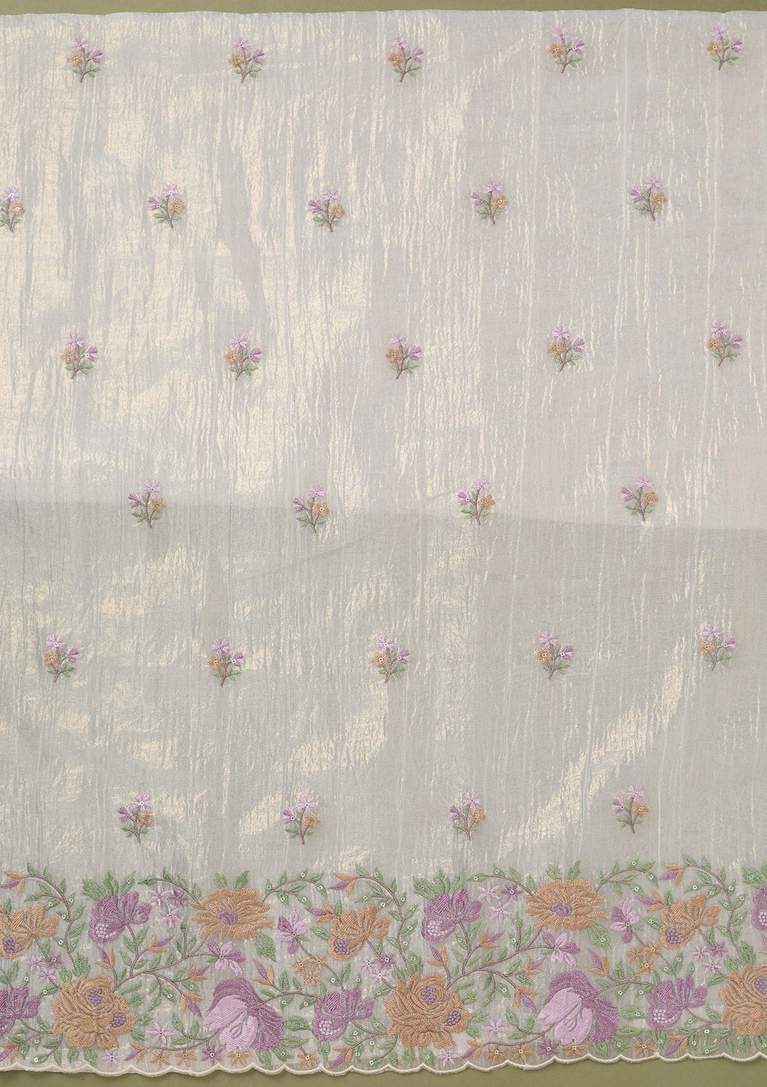 Beige Threadwork Tissue Unstitched Salwar Suit-koskii