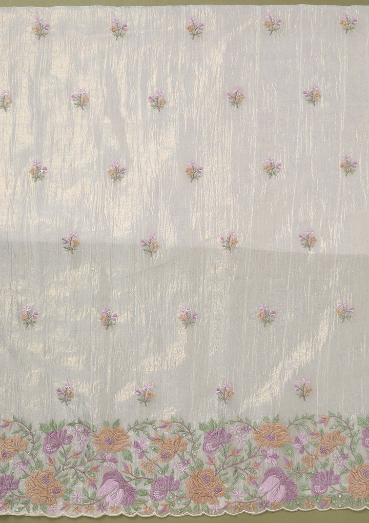 Beige Threadwork Tissue Unstitched Salwar Suit-koskii