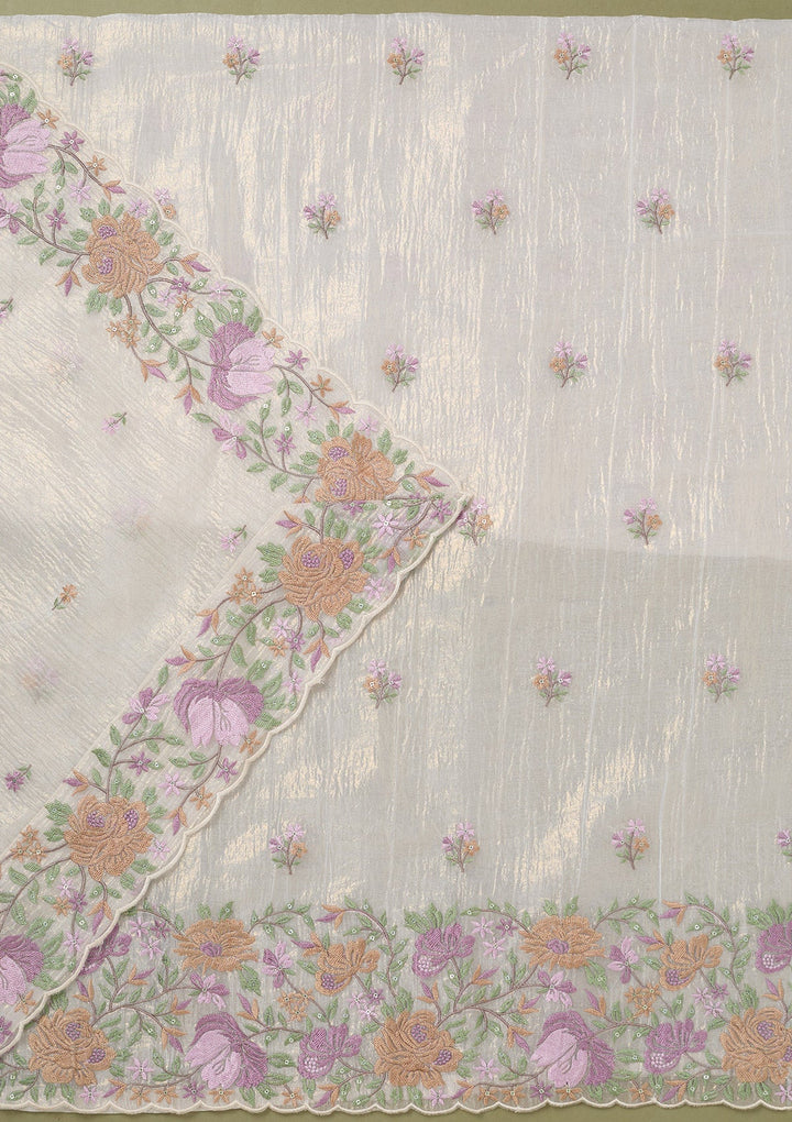 Beige Threadwork Tissue Unstitched Salwar Suit-koskii