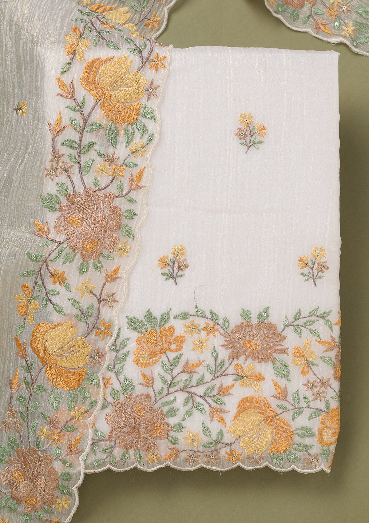 Beige Threadwork Tissue Unstitched Salwar Suit-koskii