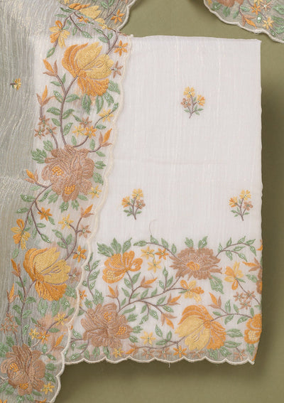 Beige Threadwork Tissue Unstitched Salwar Suit-koskii