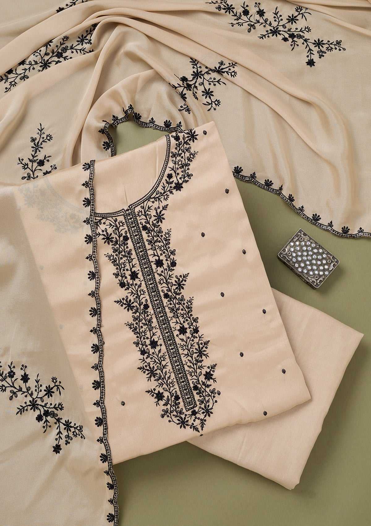 Beige Threadwork Semi Crepe Unstitched Salwar Suit-koskii