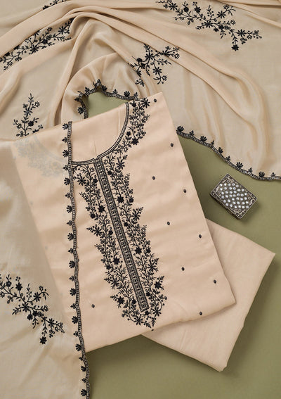 Beige Threadwork Semi Crepe Unstitched Salwar Suit-koskii