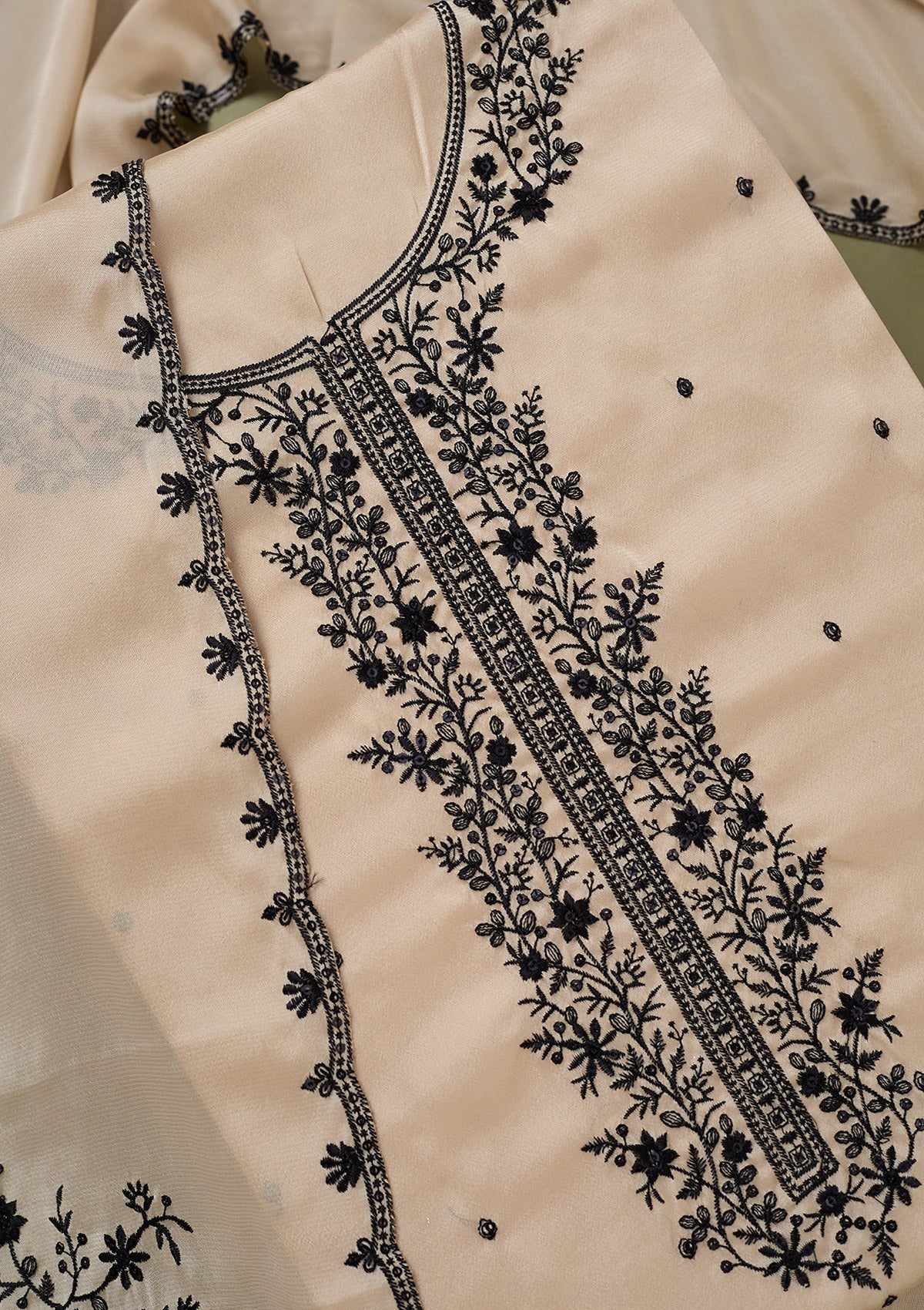 Beige Threadwork Semi Crepe Unstitched Salwar Suit-koskii