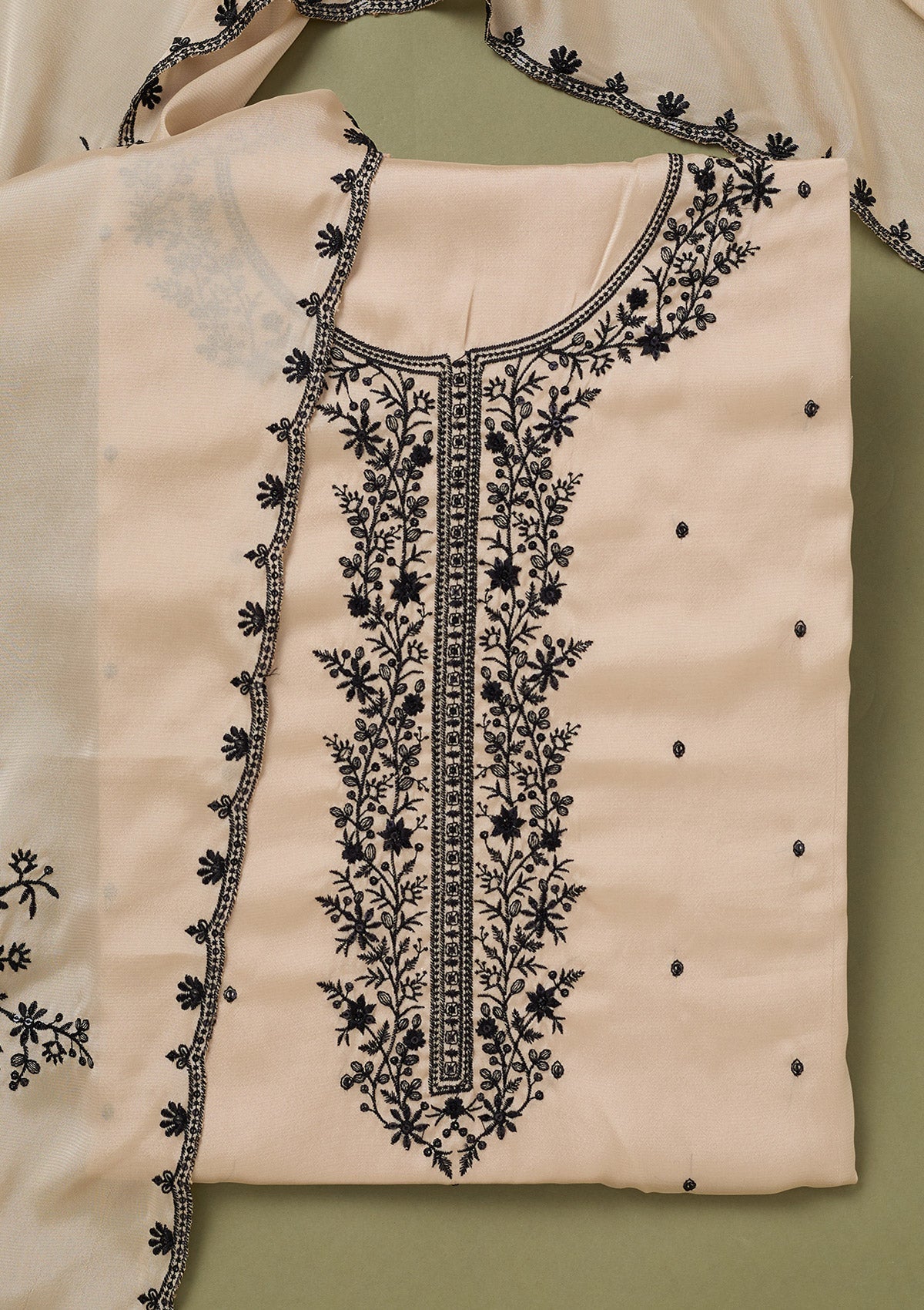 Beige Threadwork Semi Crepe Unstitched Salwar Suit-koskii