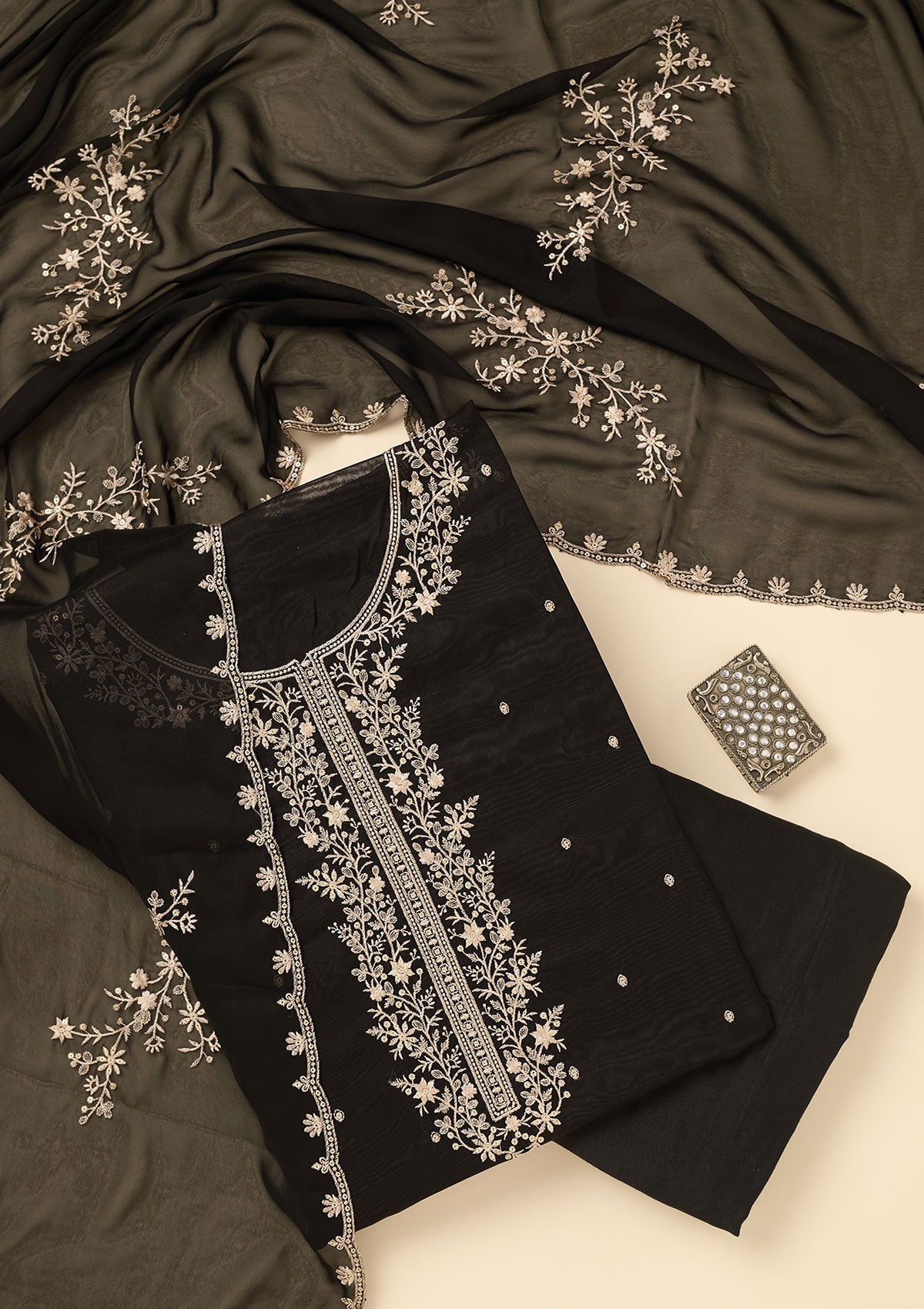 Black Threadwork Semi Crepe Unstitched Salwar Suit-koskii