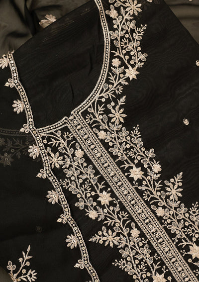 Black Threadwork Semi Crepe Unstitched Salwar Suit-koskii