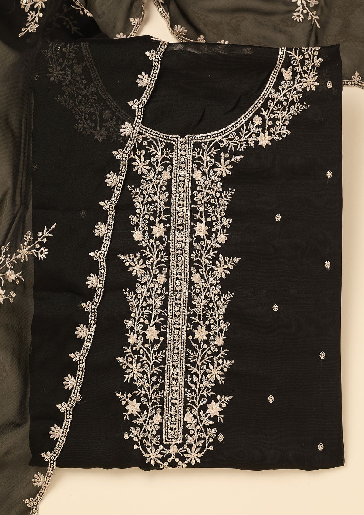 Black Threadwork Semi Crepe Unstitched Salwar Suit-koskii