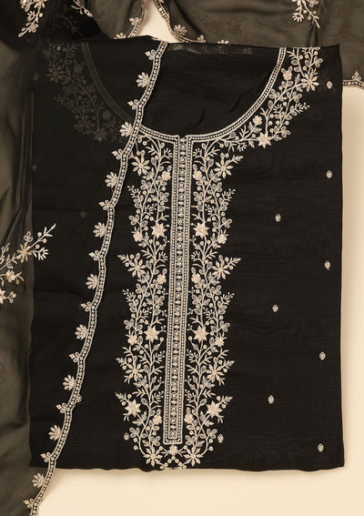 Black Threadwork Semi Crepe Unstitched Salwar Suit-koskii