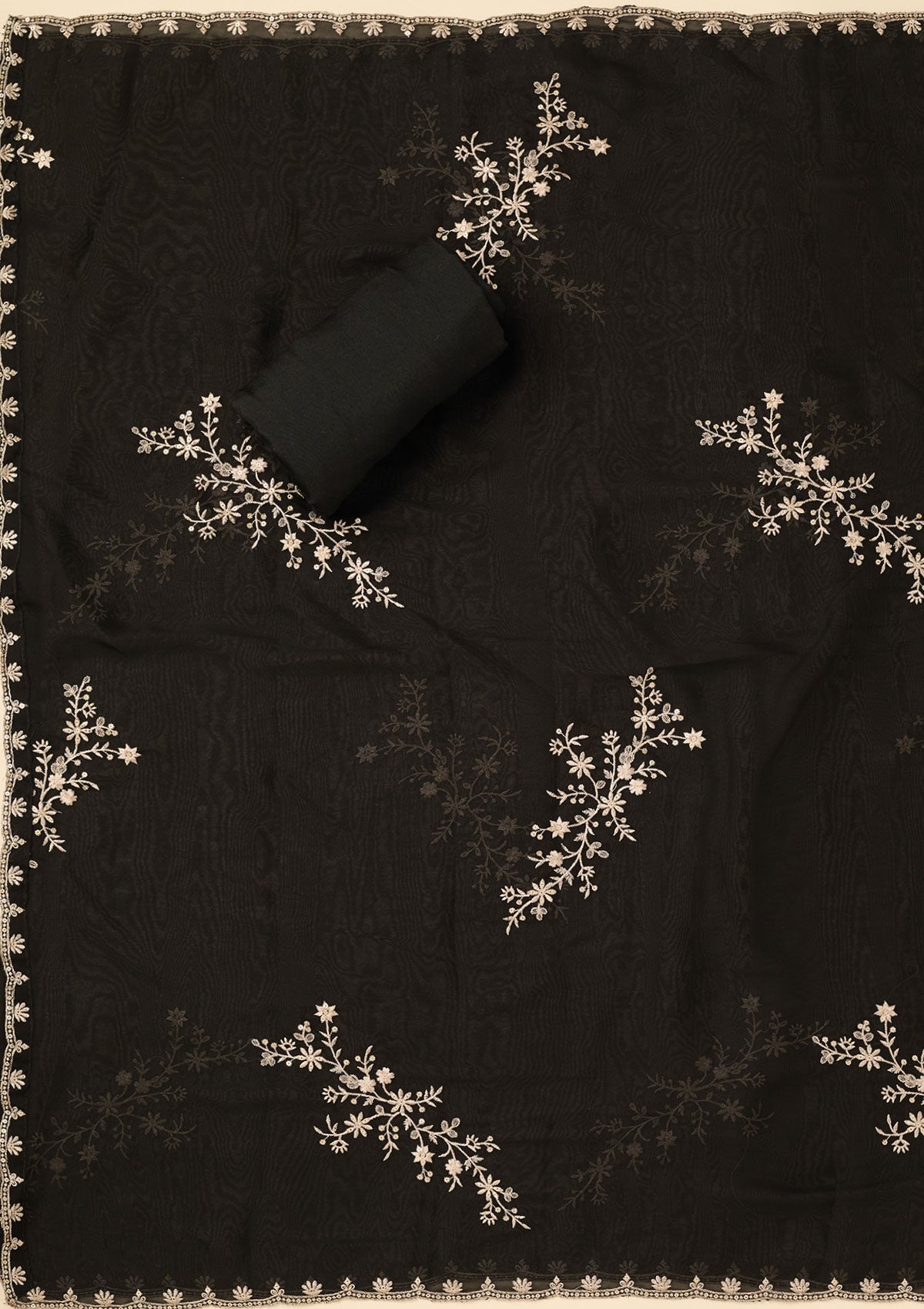 Black Threadwork Semi Crepe Unstitched Salwar Suit-koskii