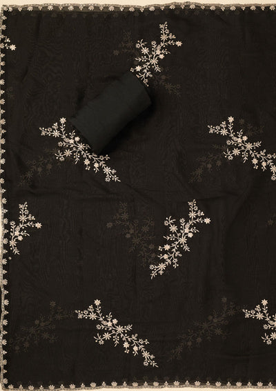 Black Threadwork Semi Crepe Unstitched Salwar Suit-koskii