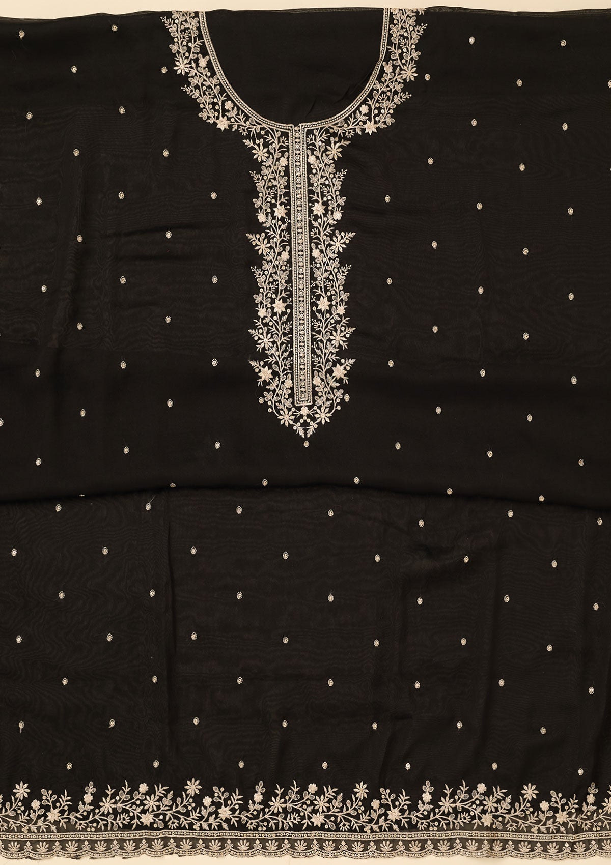 Black Threadwork Semi Crepe Unstitched Salwar Suit-koskii