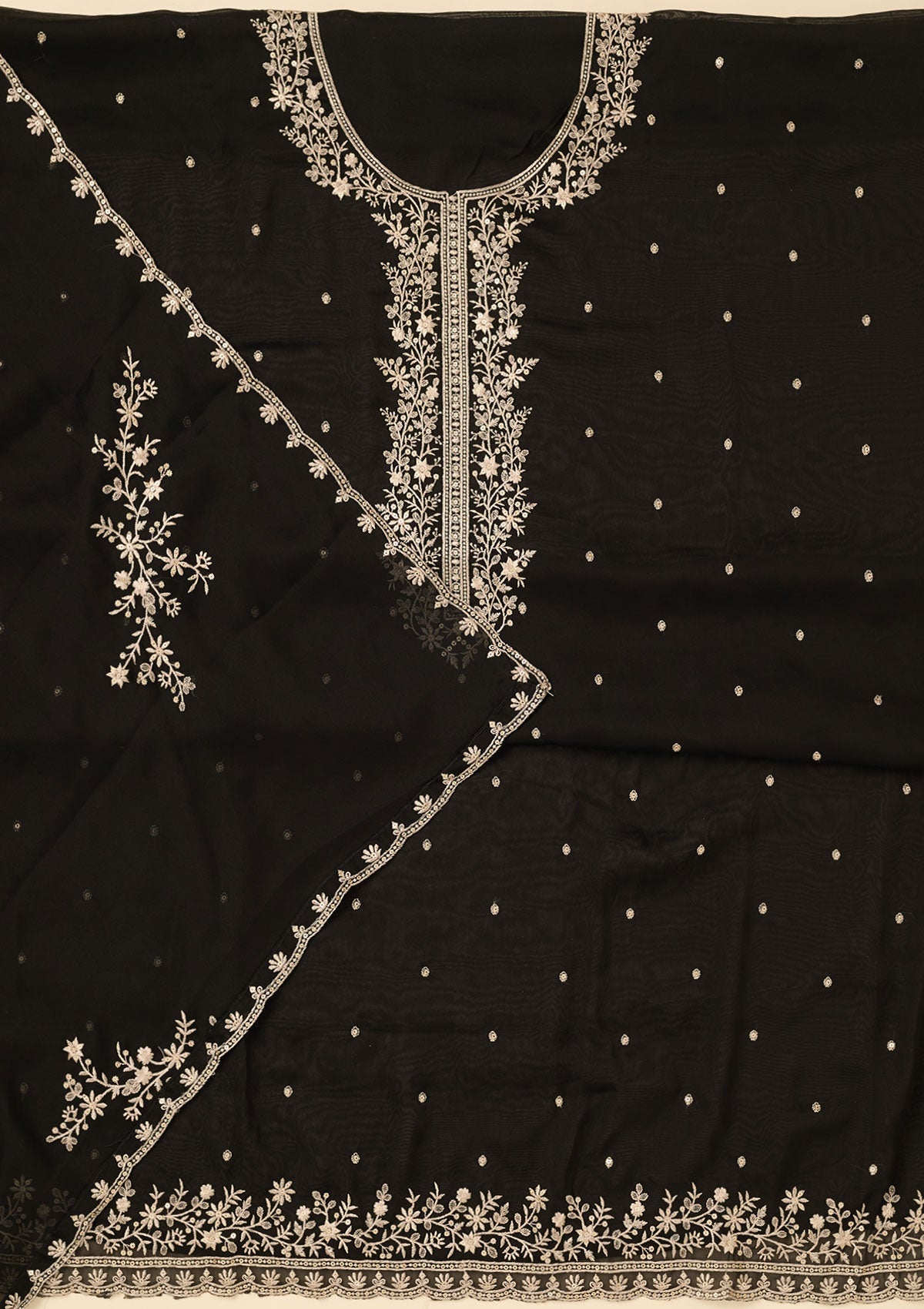Black Threadwork Semi Crepe Unstitched Salwar Suit-koskii