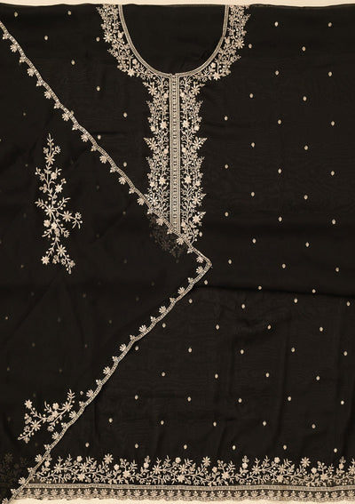 Black Threadwork Semi Crepe Unstitched Salwar Suit-koskii