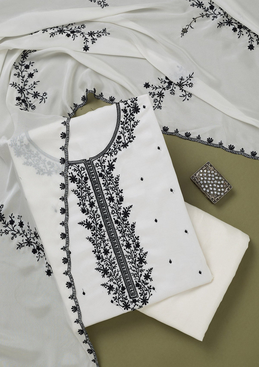 White Threadwork Semi Crepe Unstitched Salwar Suit-koskii