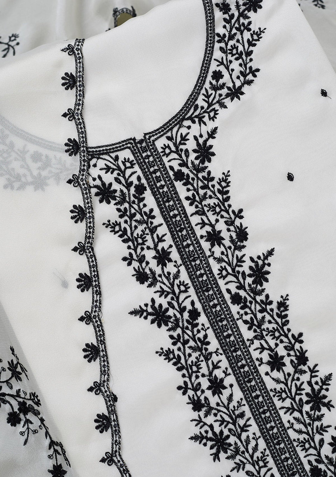 White Threadwork Semi Crepe Unstitched Salwar Suit-koskii