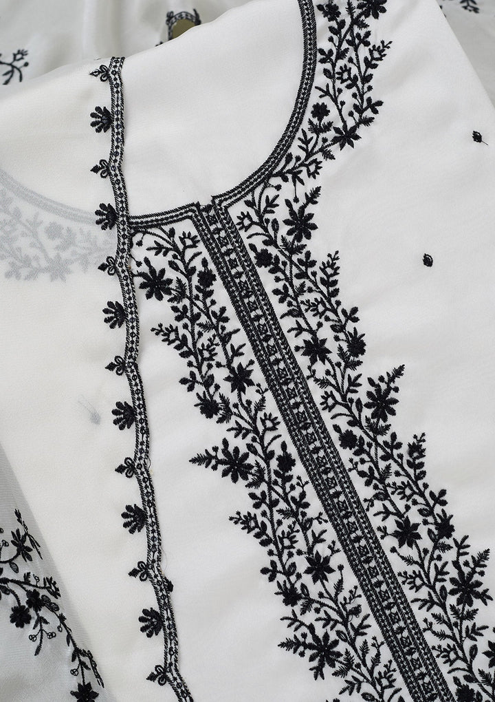 White Threadwork Semi Crepe Unstitched Salwar Suit-koskii