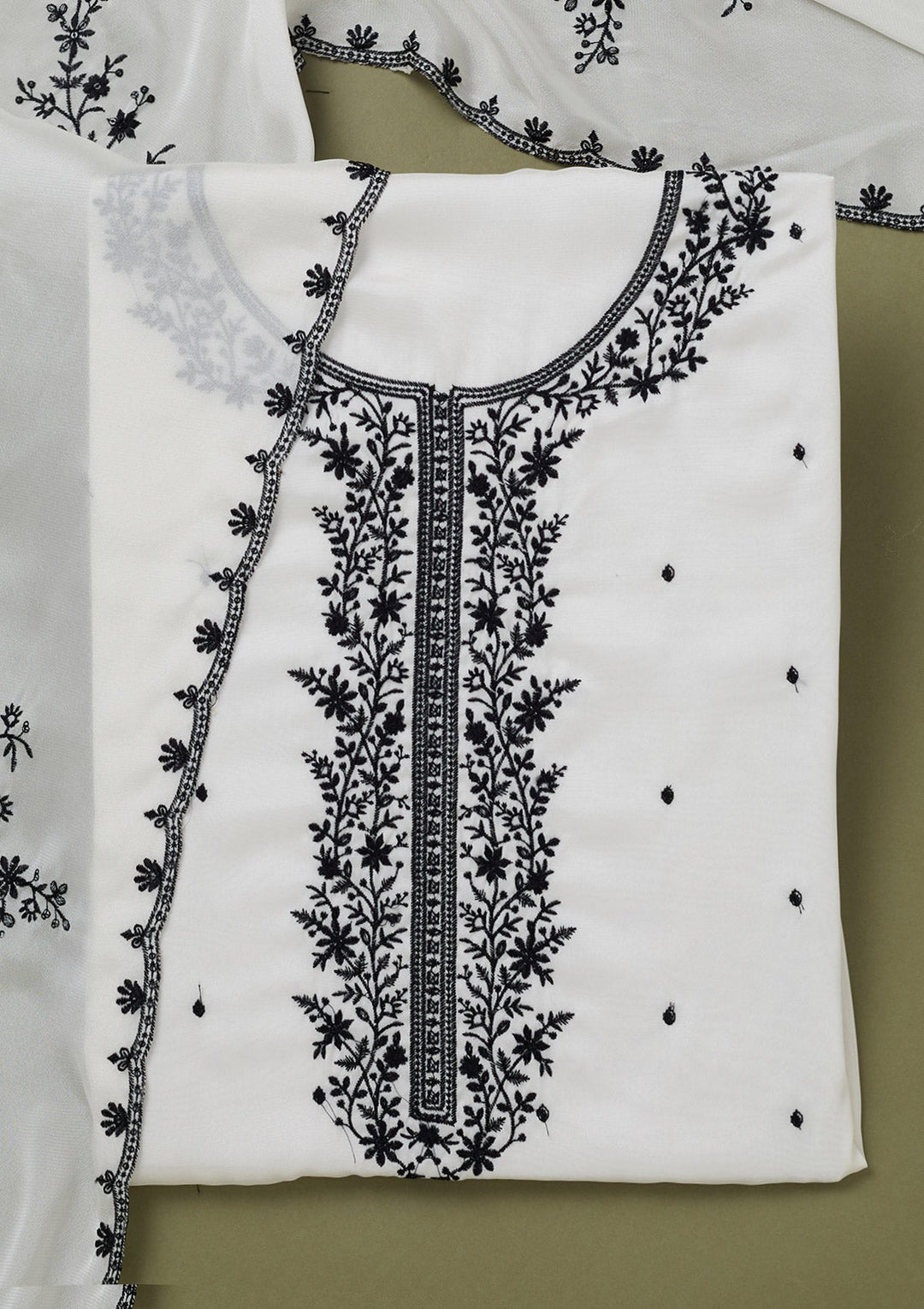 White Threadwork Semi Crepe Unstitched Salwar Suit-koskii