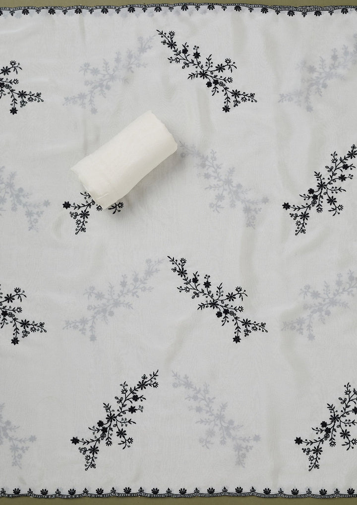 White Threadwork Semi Crepe Unstitched Salwar Suit-koskii