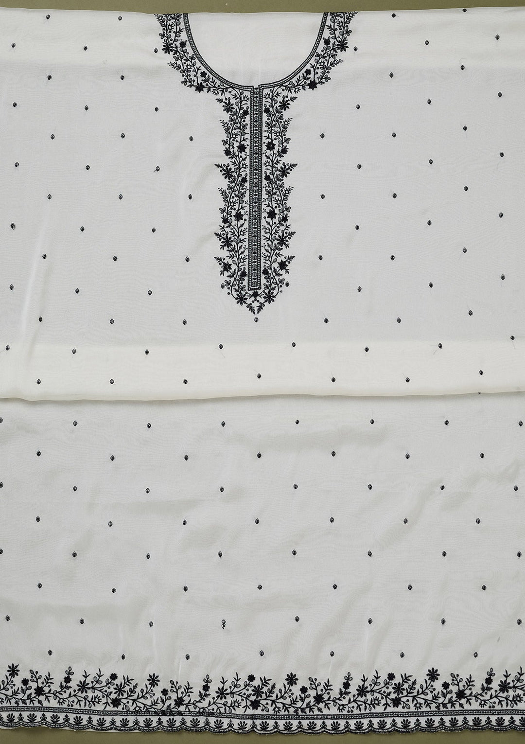 White Threadwork Semi Crepe Unstitched Salwar Suit-koskii