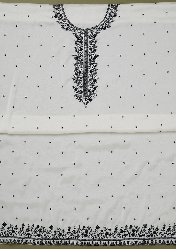 White Threadwork Semi Crepe Unstitched Salwar Suit-koskii