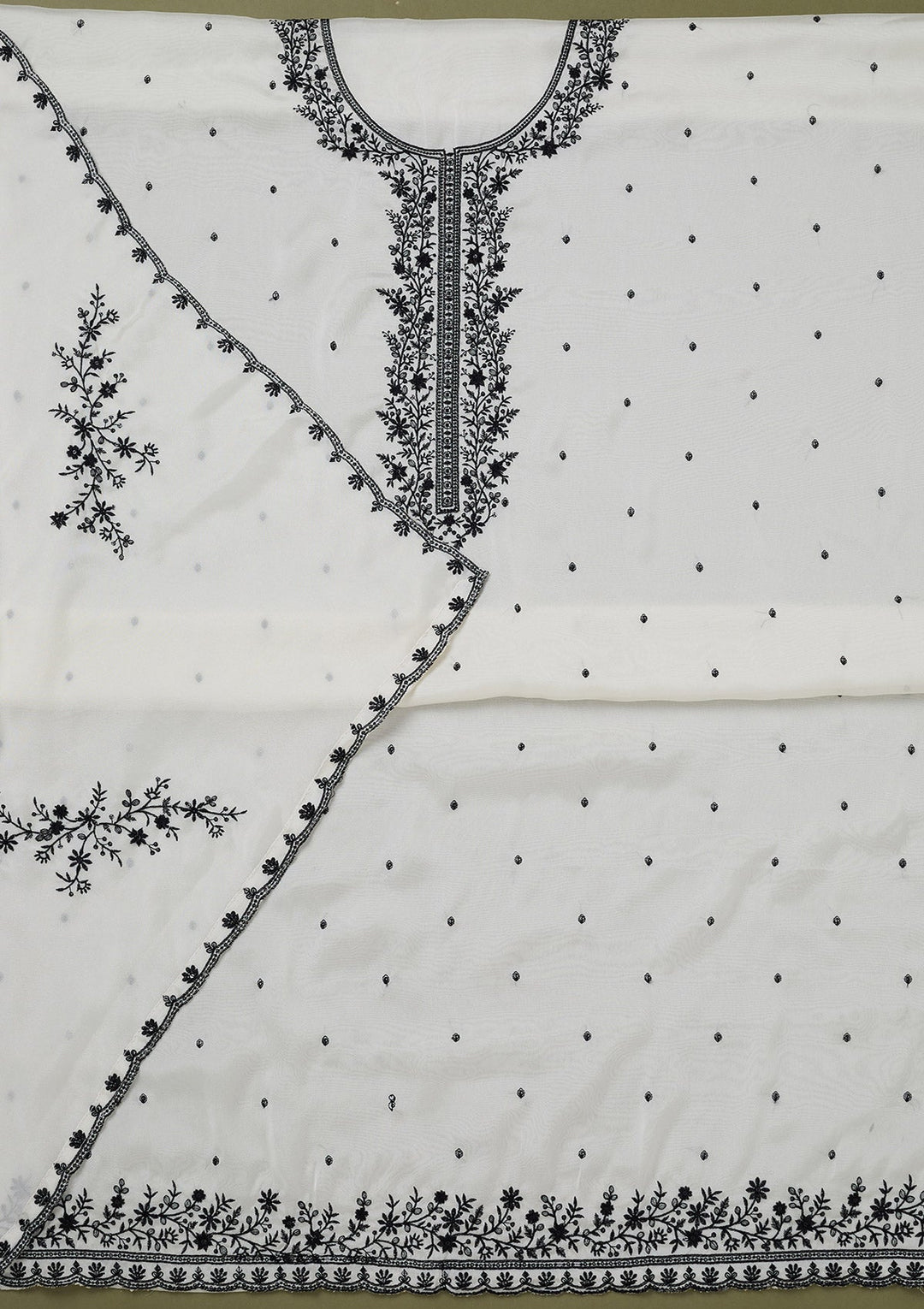 White Threadwork Semi Crepe Unstitched Salwar Suit-koskii