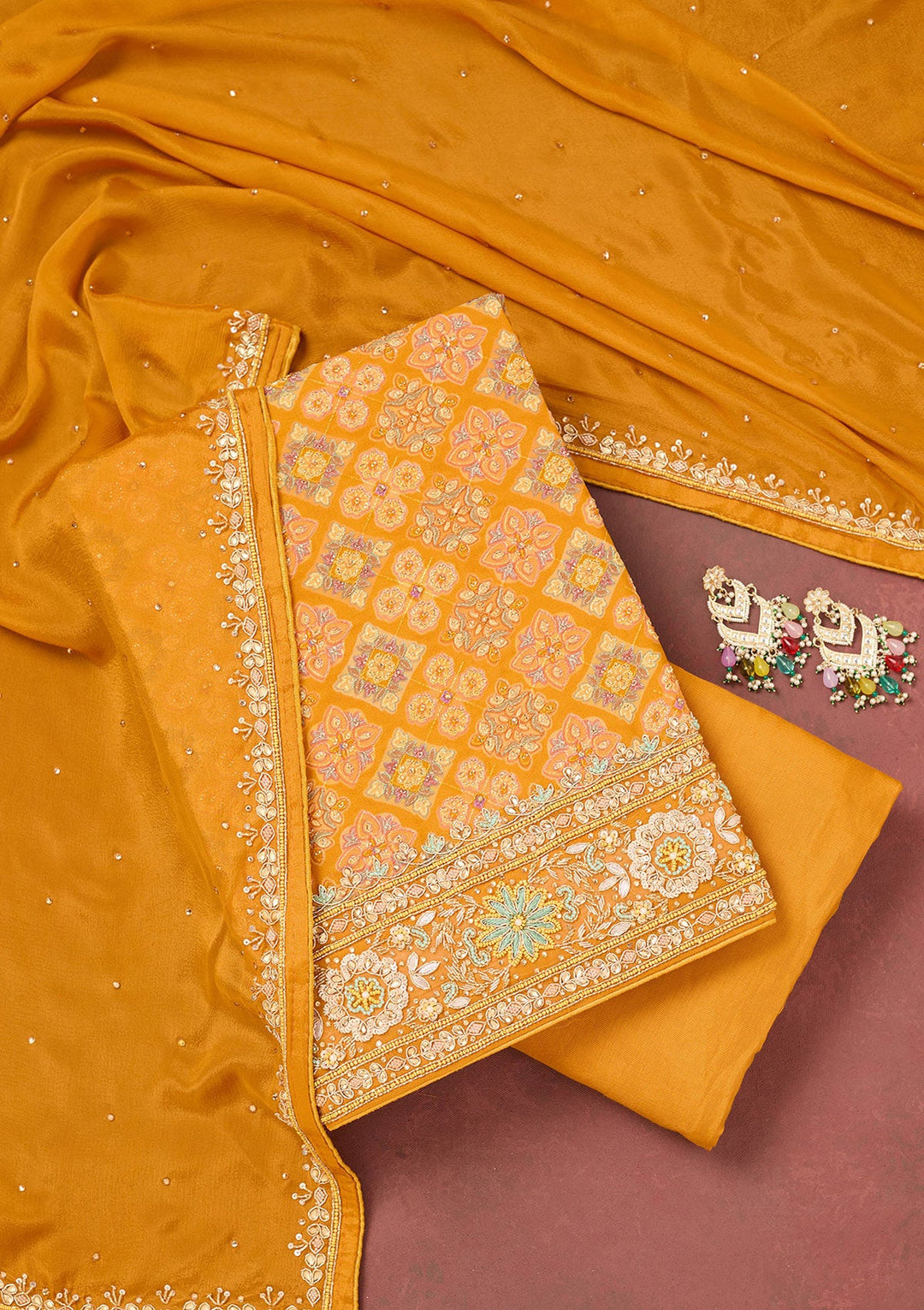 Yellow Cutdana Georgette Unstitched Salwar Suit-Koskii