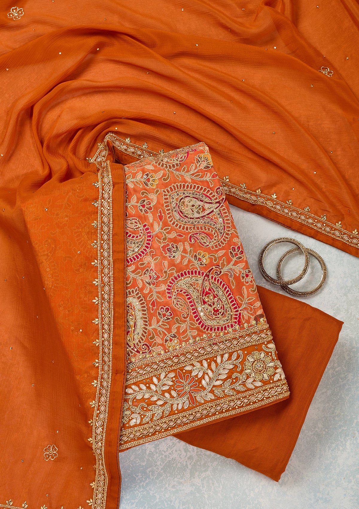 Orange Stonework Semi Crepe Unstitched Salwar Suit-Koskii