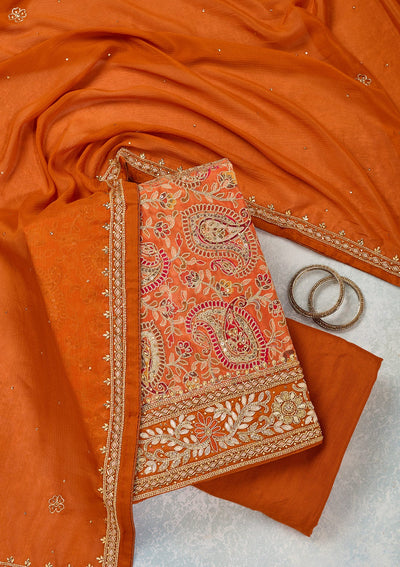 Orange Stonework Semi Crepe Unstitched Salwar Suit-Koskii